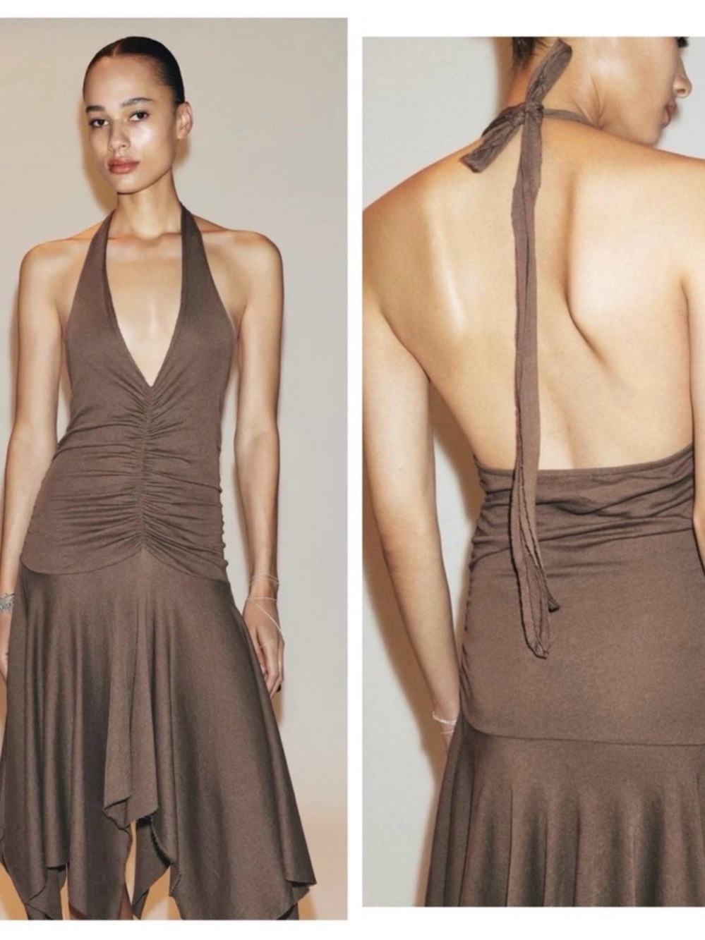 Zara Brown Halter Ruched Asymmetrical Midi Dress